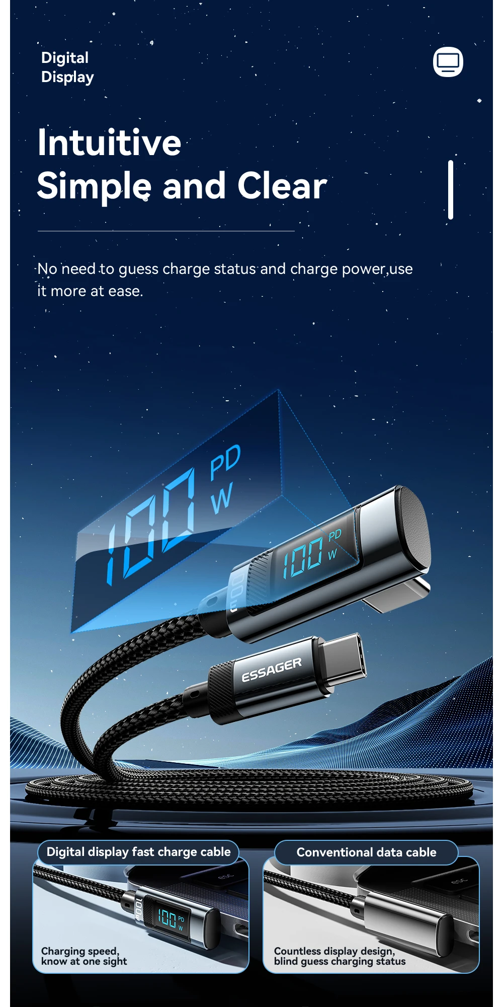 Essager PD100W USB C to Type C Cable Fast Charging Cable 90 Degree Elbow With Display For Iphone 15 Huawei Samsung Macbook Pro