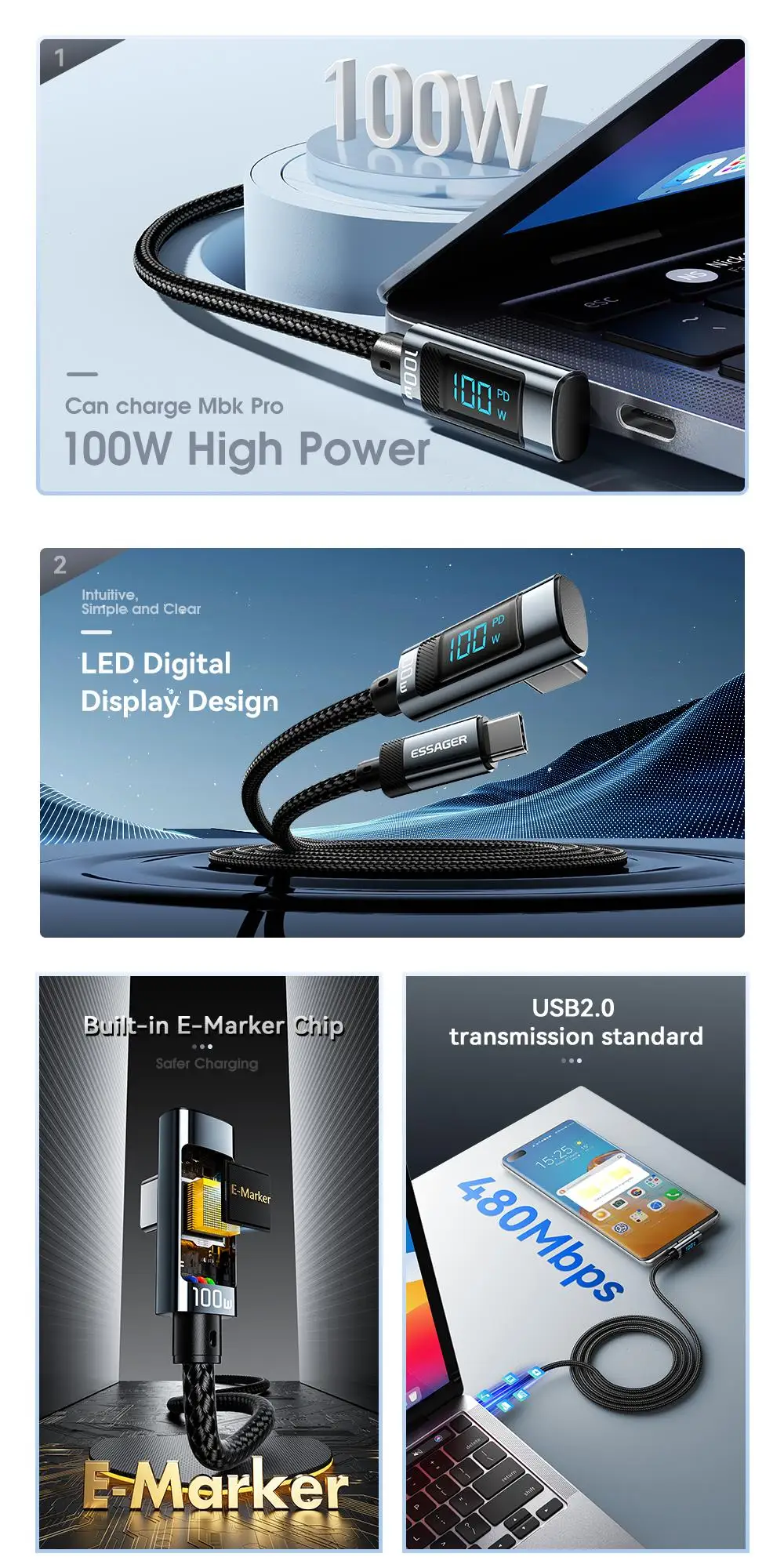 Essager PD100W USB C to Type C Cable Fast Charging Cable 90 Degree Elbow With Display For Iphone 15 Huawei Samsung Macbook Pro