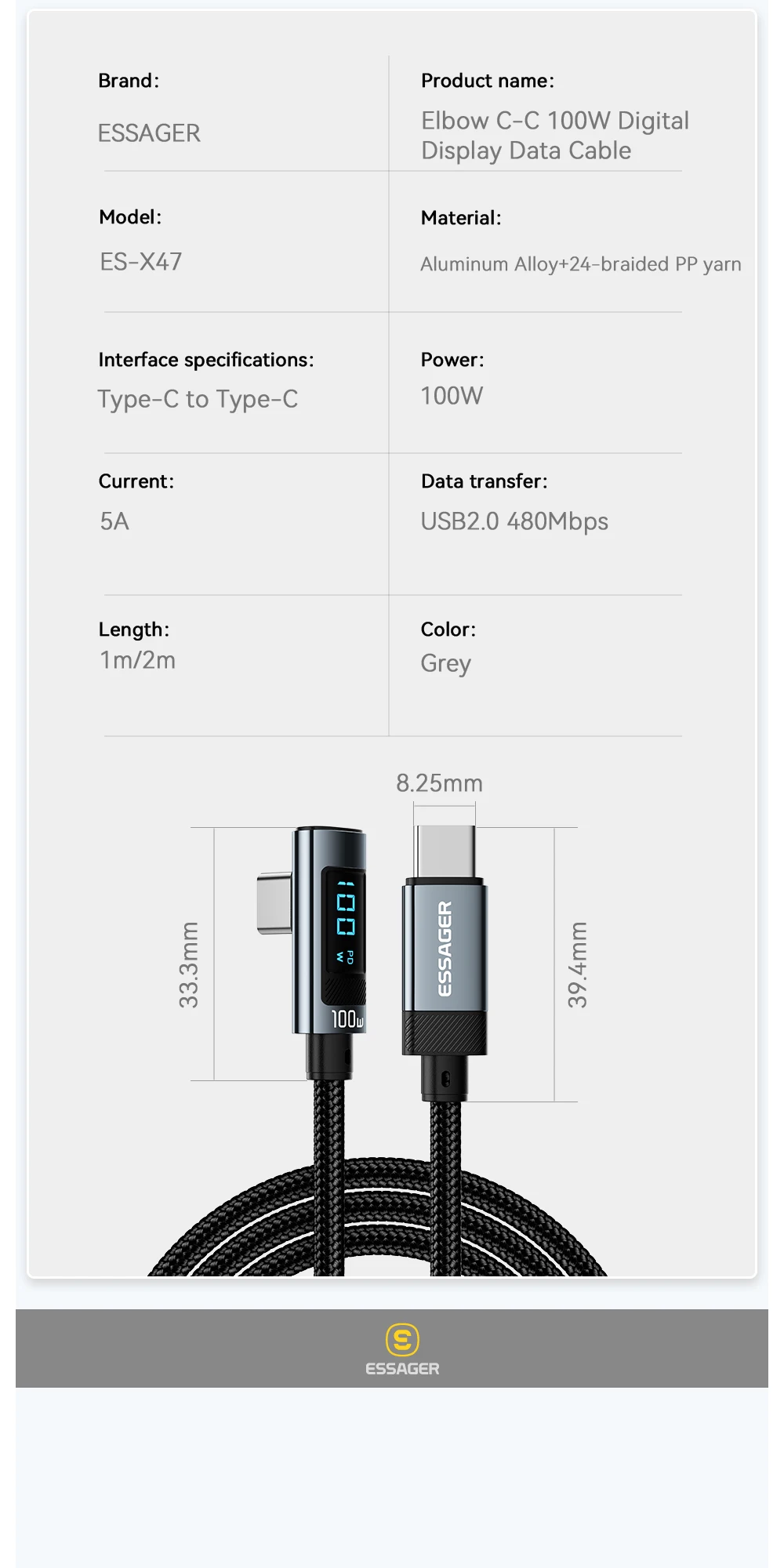 Essager PD100W USB C to Type C Cable Fast Charging Cable 90 Degree Elbow With Display For Iphone 15 Huawei Samsung Macbook Pro