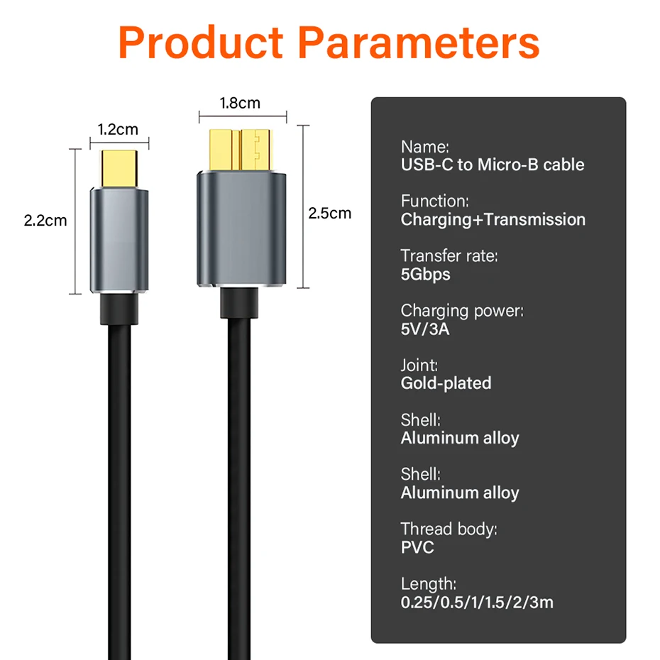 External Hard Drive Cable USB 3.0 Type C To Micro B Male Adapter For Toshiba Seagate WD Lenovo PC Laptop HDD Disk Data Sync Cord