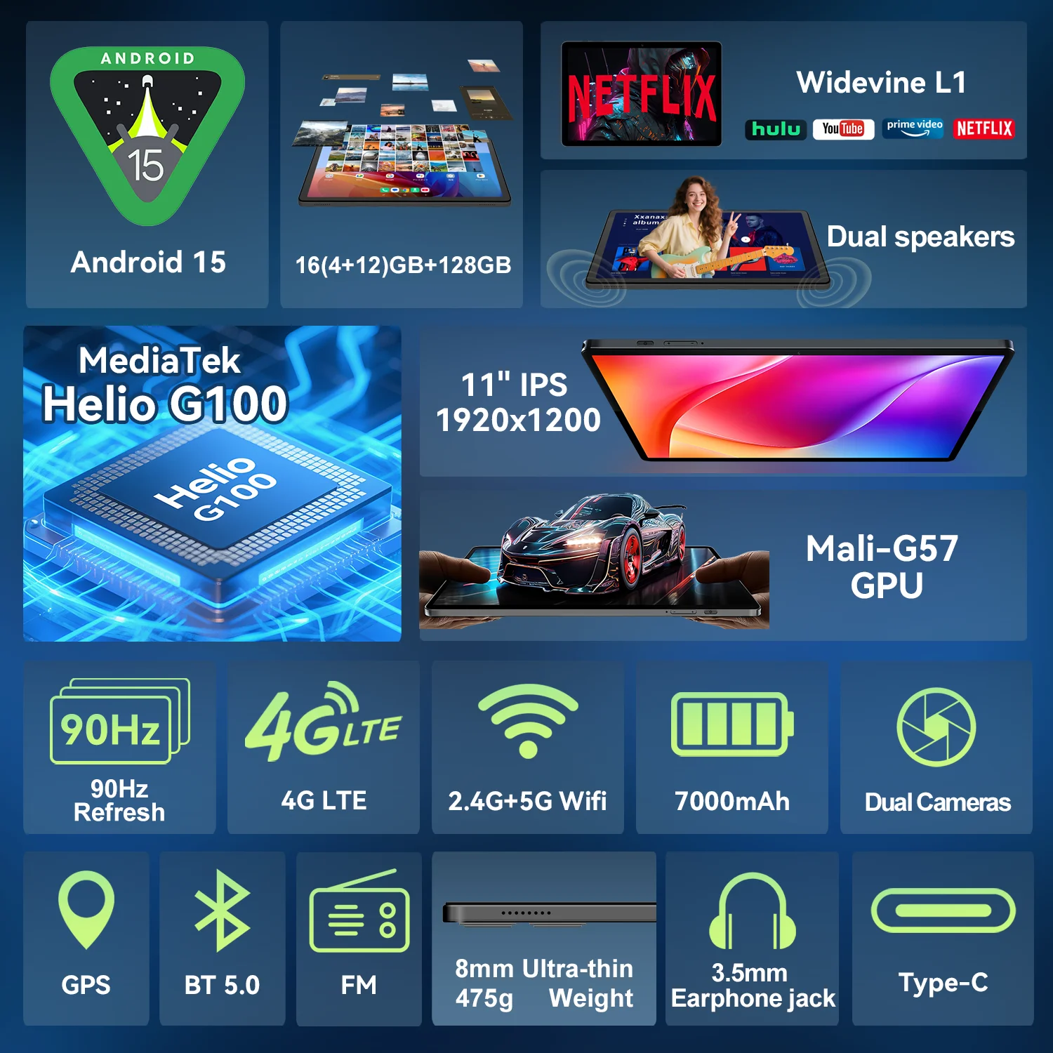 BNCF 11 Inch Android 15 MTK G100 8-Core 2K IPS Screen Tablet 4/8GB RAM 128GB ROM 7000mAh Battery 4G LTE Type-C Widevine L1 Pad