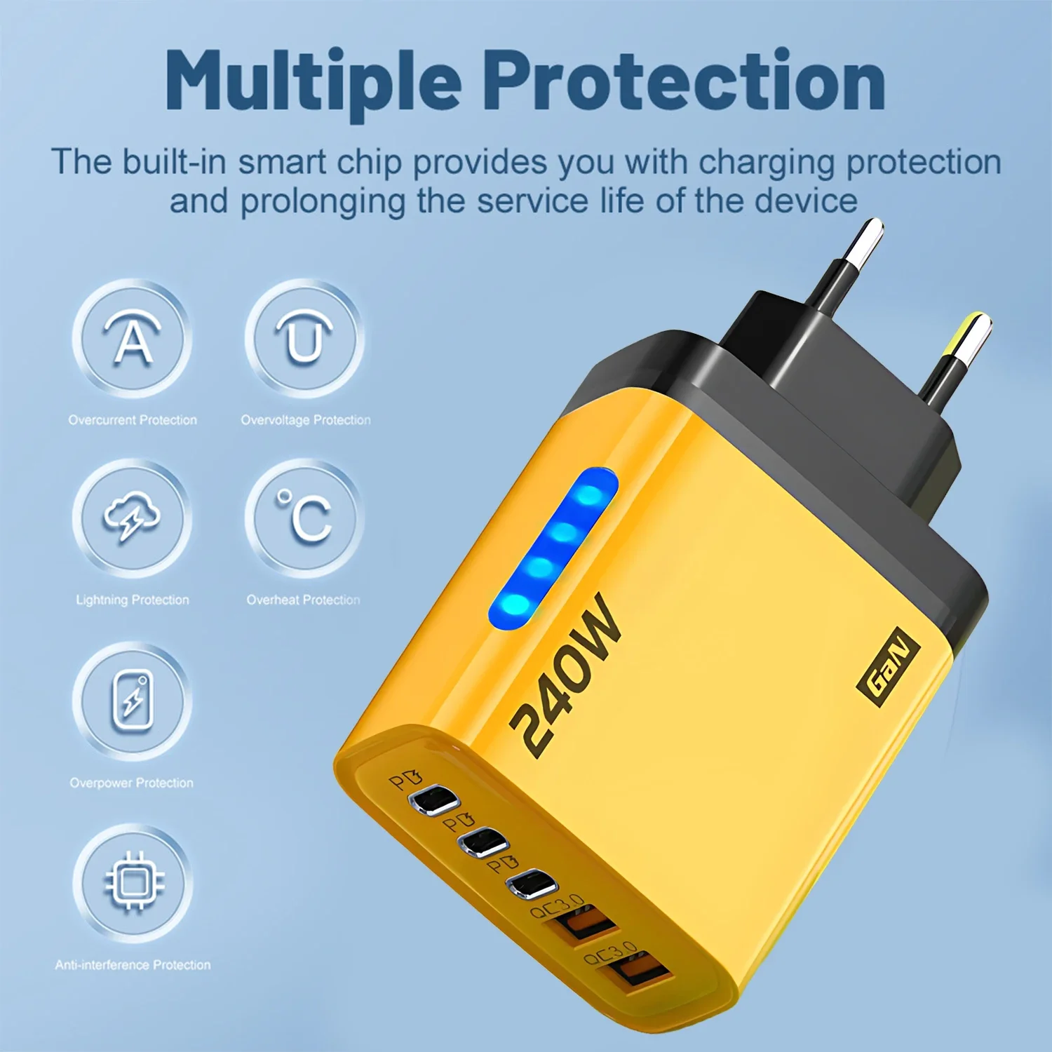 5 in 1 GaN Desktop Charger 240W Fast Charging Adapter For iPhone 17 16 15Pro Samsung 10A USB To Type C Cable 3PD 2USB Charger