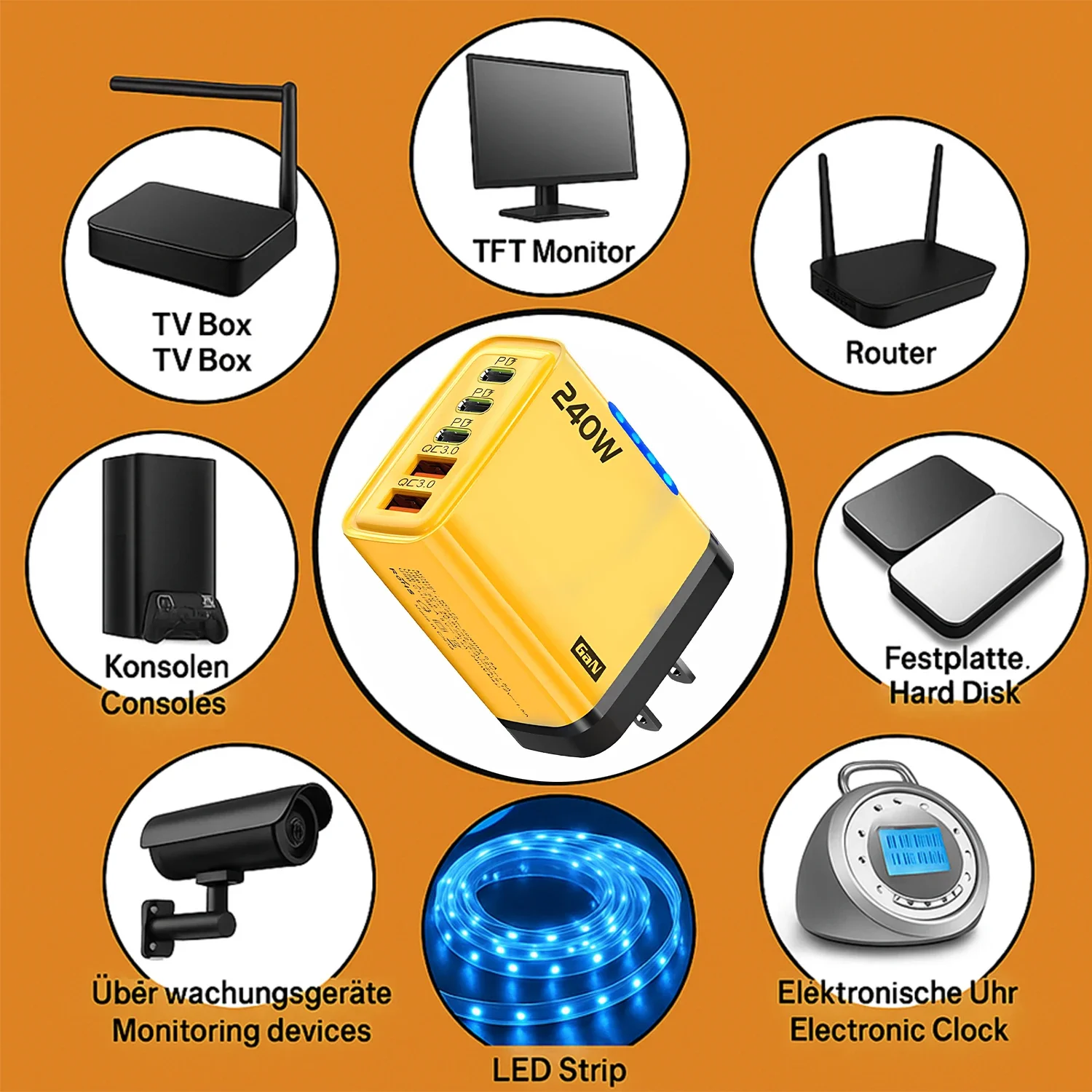 5 in 1 GaN Desktop Charger 240W Fast Charging Adapter For iPhone 17 16 15Pro Samsung 10A USB To Type C Cable 3PD 2USB Charger