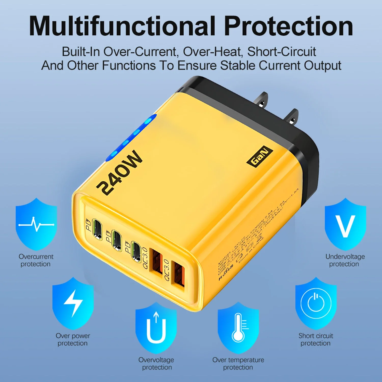 5 in 1 GaN Desktop Charger 240W Fast Charging Adapter For iPhone 17 16 15Pro Samsung 10A USB To Type C Cable 3PD 2USB Charger