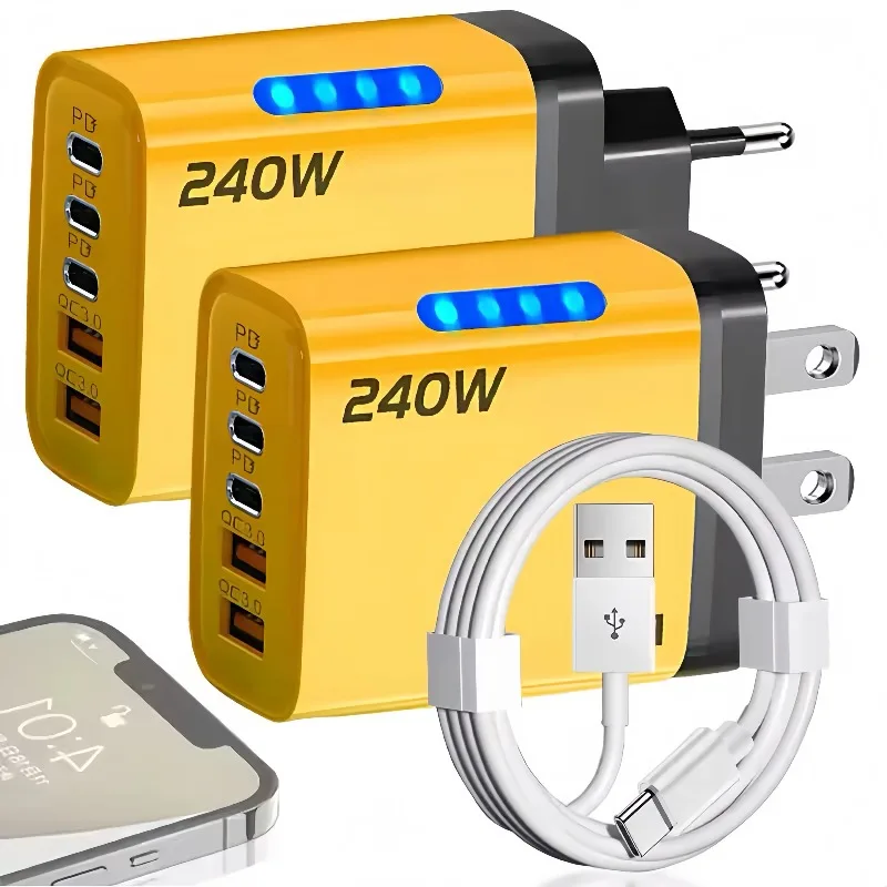 5 in 1 GaN Desktop Charger 240W Fast Charging Adapter For iPhone 17 16 15Pro Samsung 10A USB To Type C Cable 3PD 2USB Charger